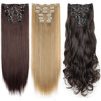 Synthetic clip-in hair extensions set with straight wefts in dark brown, blonde, and black