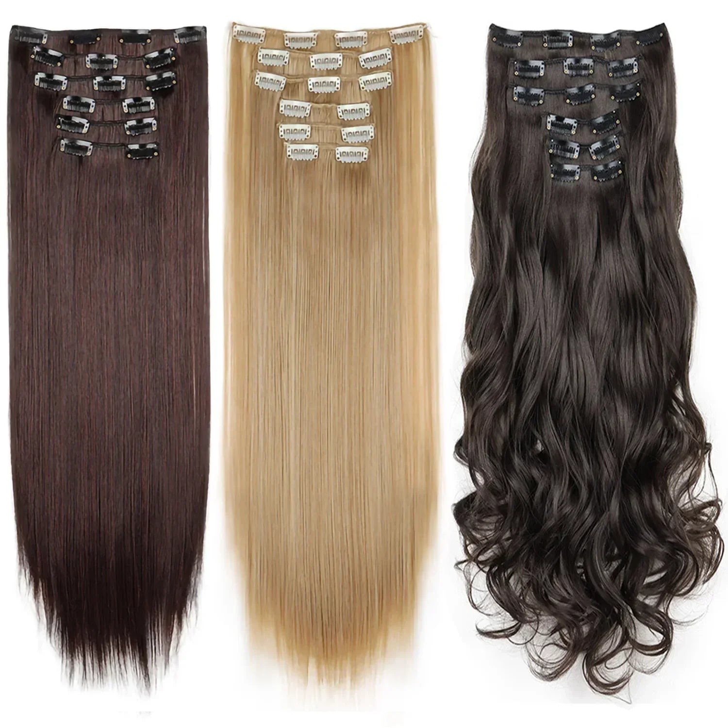 Synthetic clip-in hair extensions set with straight wefts in dark brown, blonde, and black