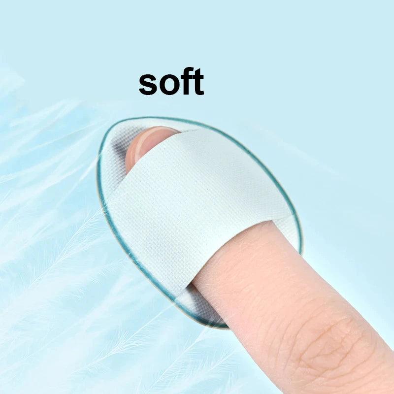Soft light blue teardrop finger puff sponge for makeup application.