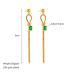 Green zircon tassel drop earrings, 9cm long; 18k gold plated; 10g per pair