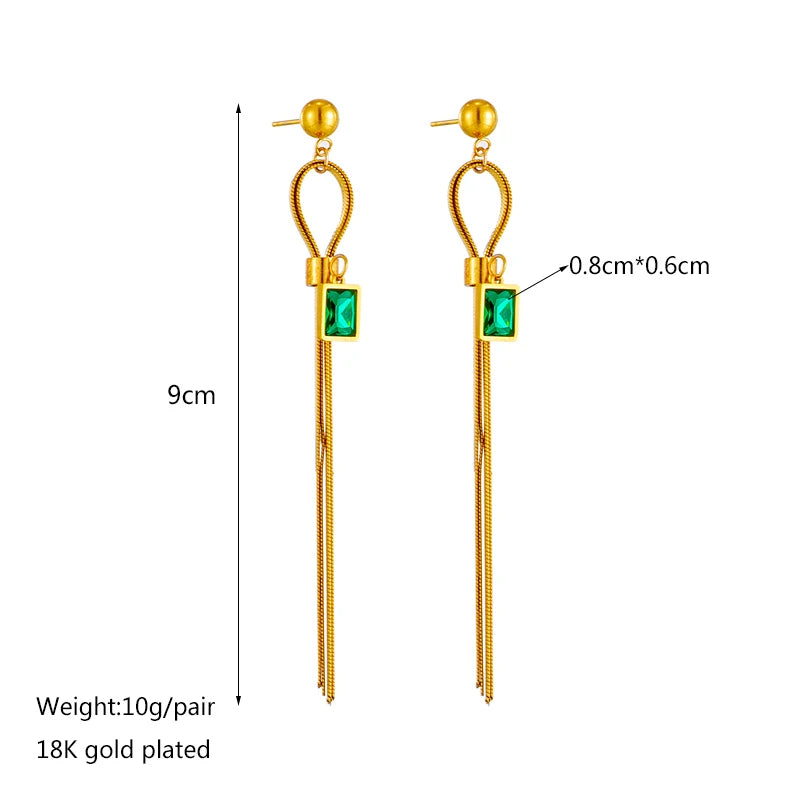 Green zircon tassel drop earrings, 9cm long; 18k gold plated; 10g per pair
