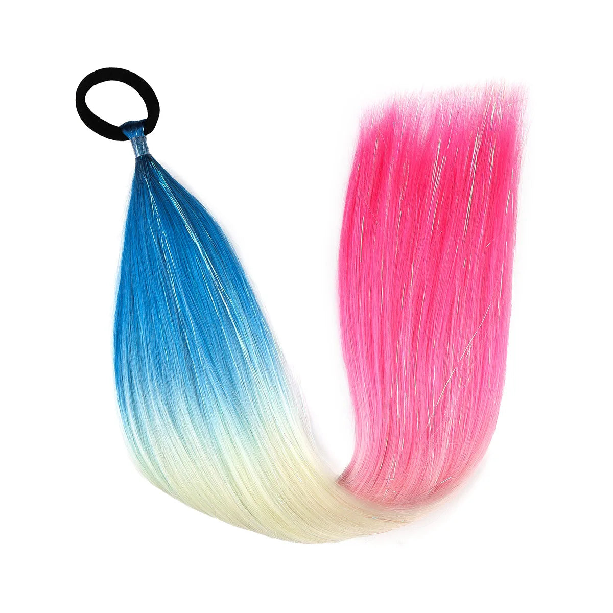 Ombre synthetic braid ponytail hair tinsel in blue to pink with black loop tie