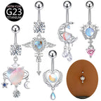 Curved barbell navel ring with dangling charms, opal heart, star, and crystal drops