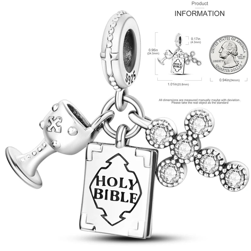 Sterling silver Holy Bible charm with cross and crystal cluster pendant
