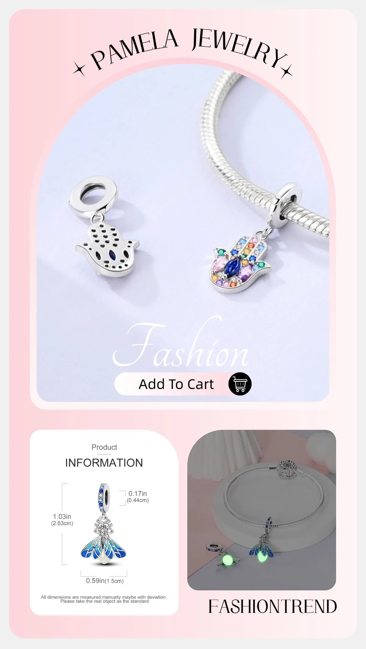 925 sterling silver charm bead with blue enamel eye and floral detail on bracelet