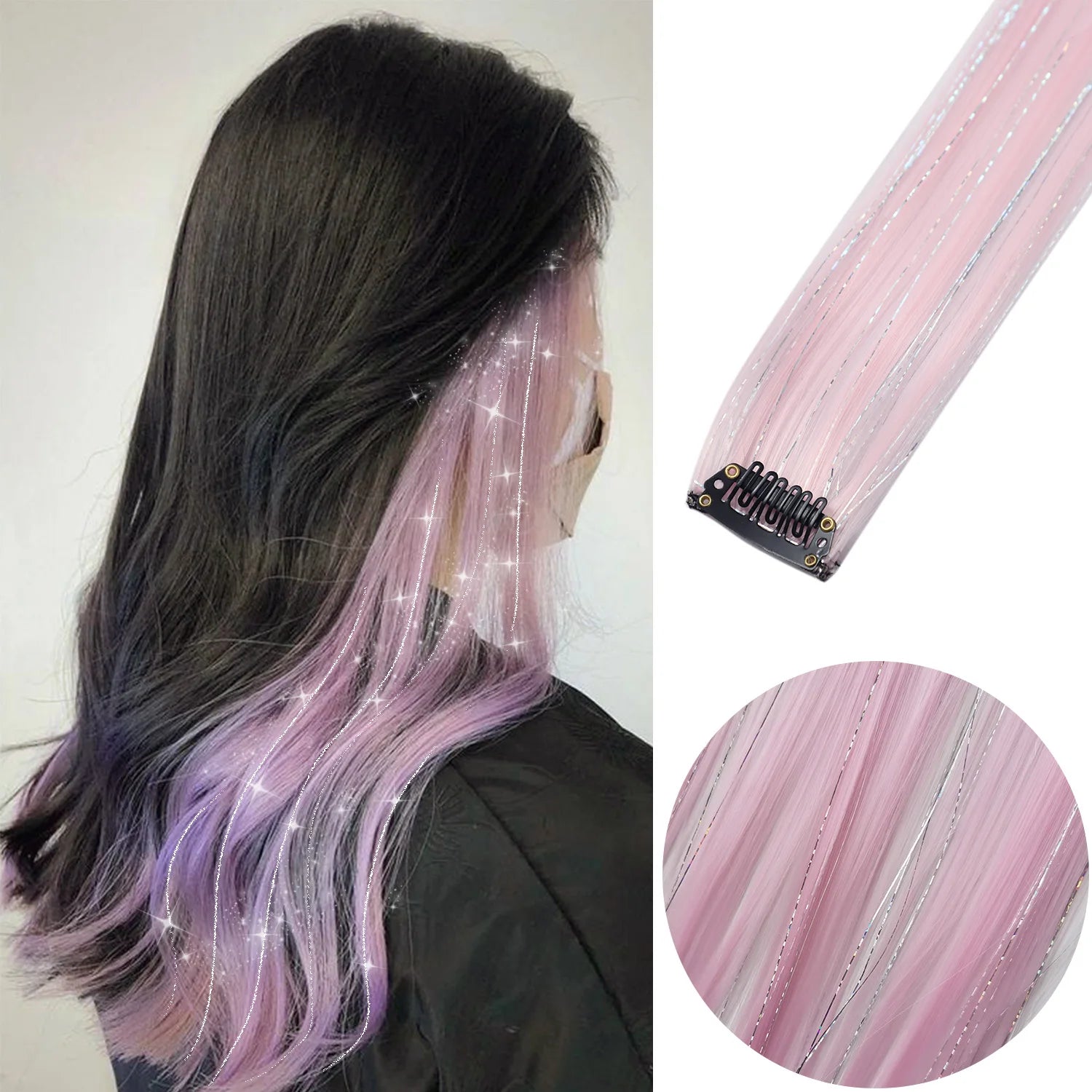 Clip-in synthetic hair highlights with long pink-lavender strands and comb clips