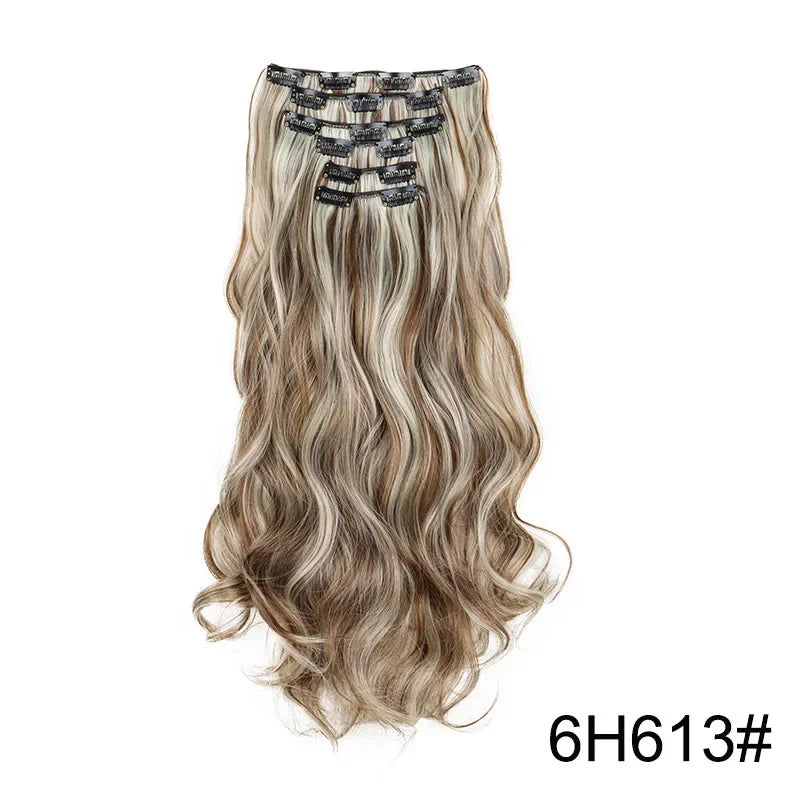 Full head clip-in hair extension, long wavy ash blonde with snap clips