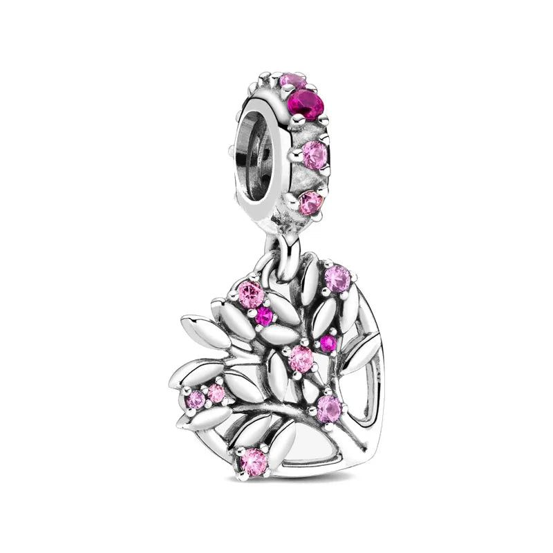 925 sterling silver charm bead with pink crystal flowers and leafy centerpiece