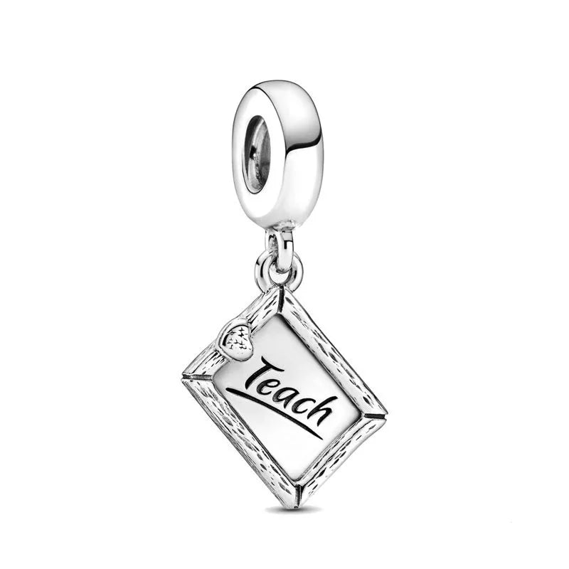 925 sterling silver charm bead with hanging diamond pendant engraved "Teach"