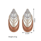 Two-tone flower stud earrings, silver and rose, teardrop petal design; measurements shown