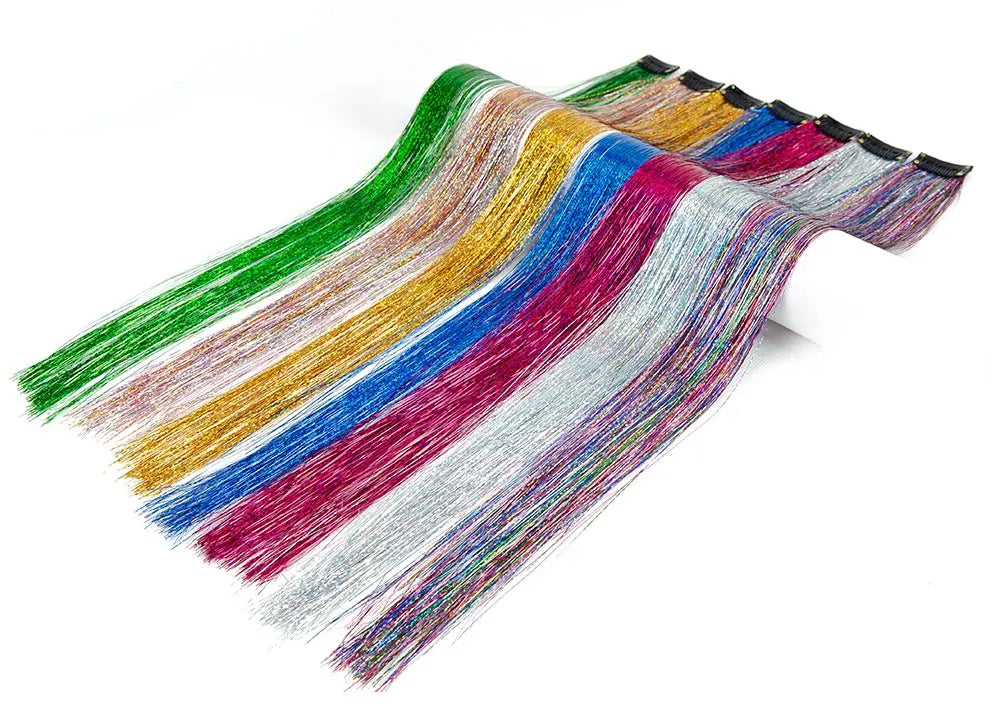 Hair tinsel extension set with five clip-on strands in green, blue, white, gold, and pink