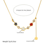 Gold-tone five-petal flower necklace with white pearl accents and charm beads