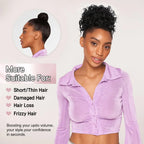 Messy bun hair piece on mannequin-style head, dark curly bun at crown