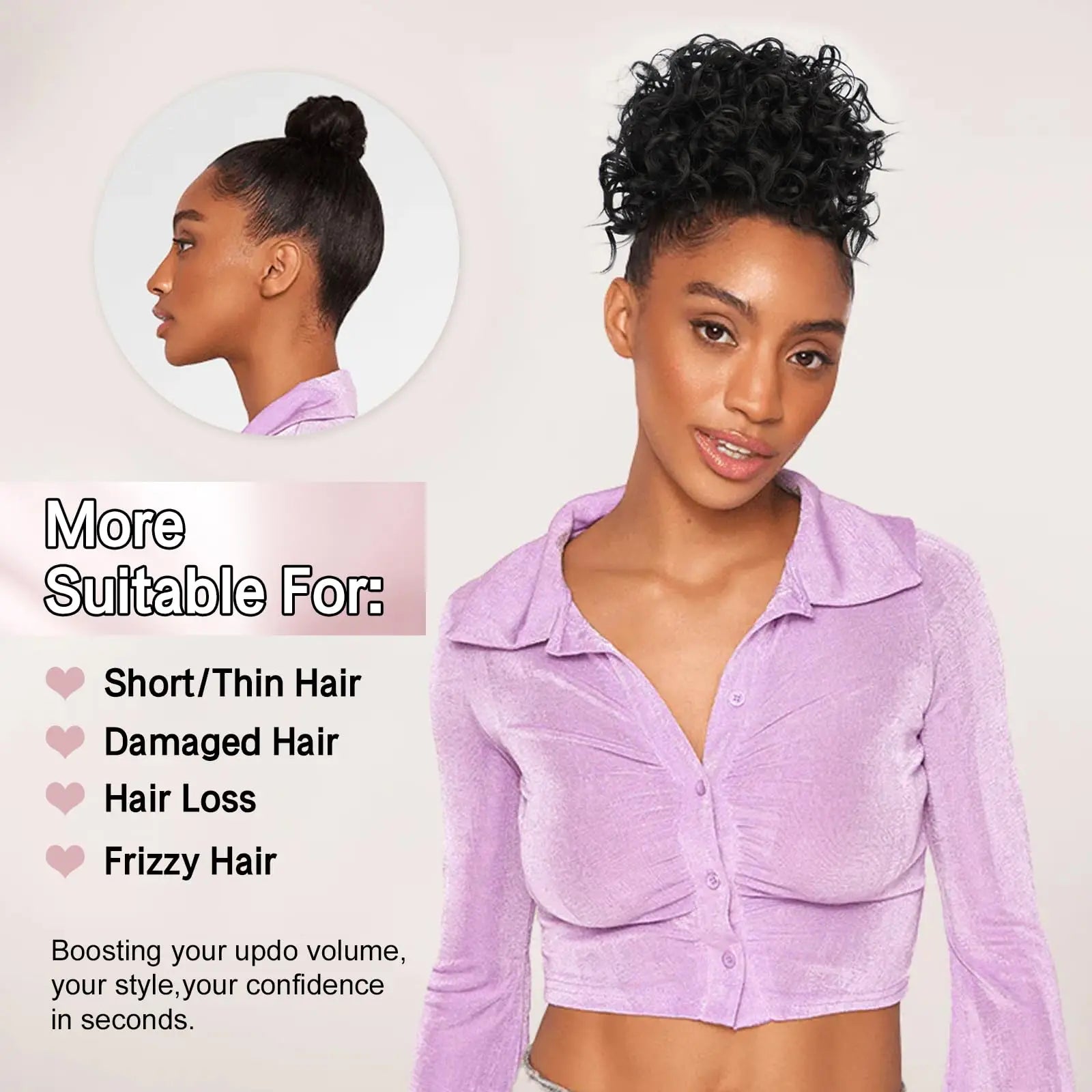 Messy bun hair piece on mannequin-style head, dark curly bun at crown