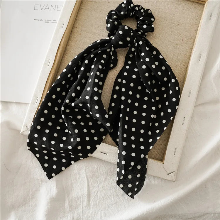 Chiffon ribbon scrunchie scarf, black with white polka dots and gathered top knot