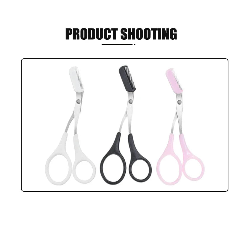 Eyebrow scissors set with comb, black, white, and pink options shown