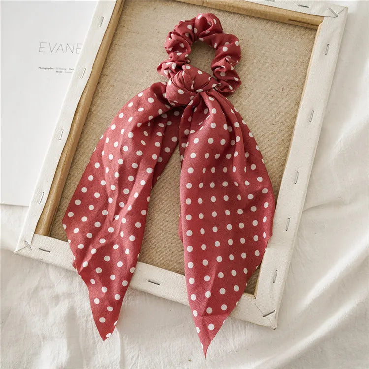 Rose-red chiffon ribbon scrunchie scarf with white polka dots