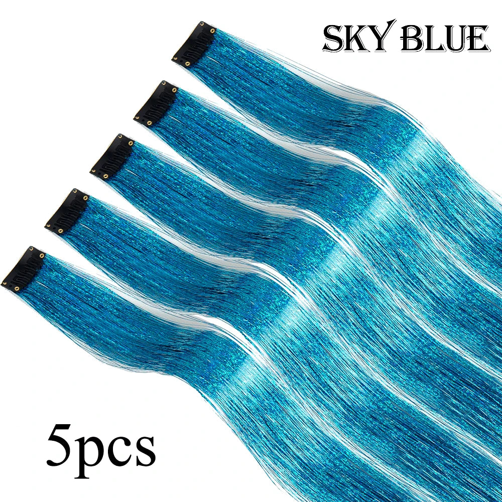 5-piece sky blue glitter hair tinsel streaks with black clip fasteners
