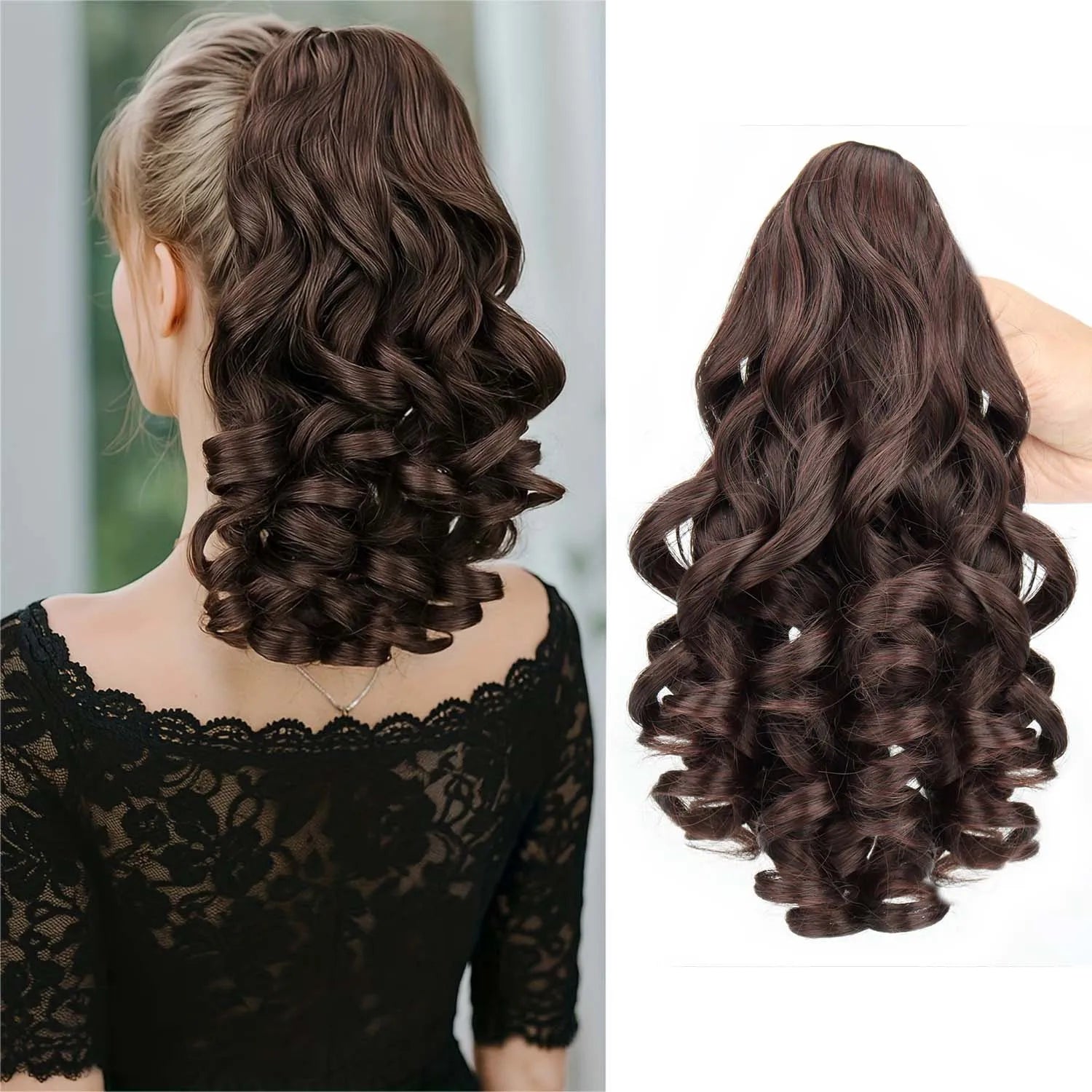 Claw clip ponytail extension with wavy synthetic hair, dark brown with burgundy tones
