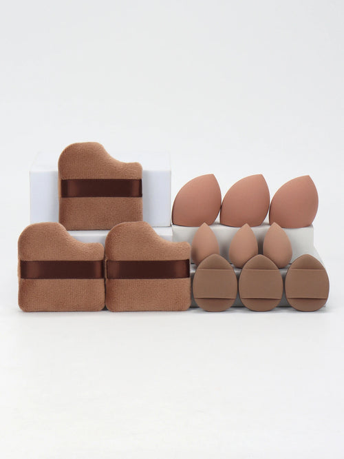 12-piece makeup sponge set in dark khaki, egg and teardrop applicators with flat edges