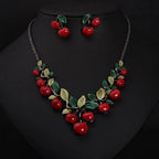 Cherry fruit necklace and earrings set, red cherry drops and leaf charms, silver-tone chain