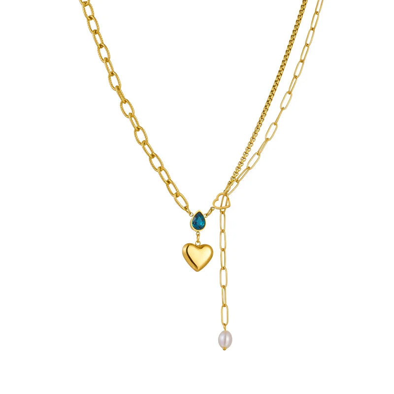 Blue CZ Heart Pearl Lariat Necklace — Stainless Steel