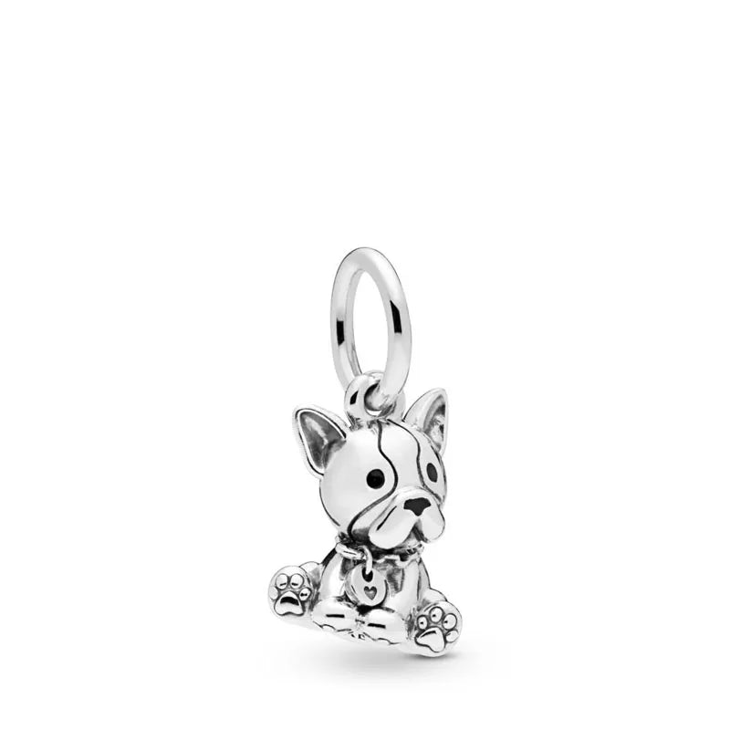 Silver dog charm bead with standing puppy figure and small paw detail