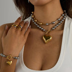 Heart pendant ball-bead necklace with gold heart ring and matching heart bracelet