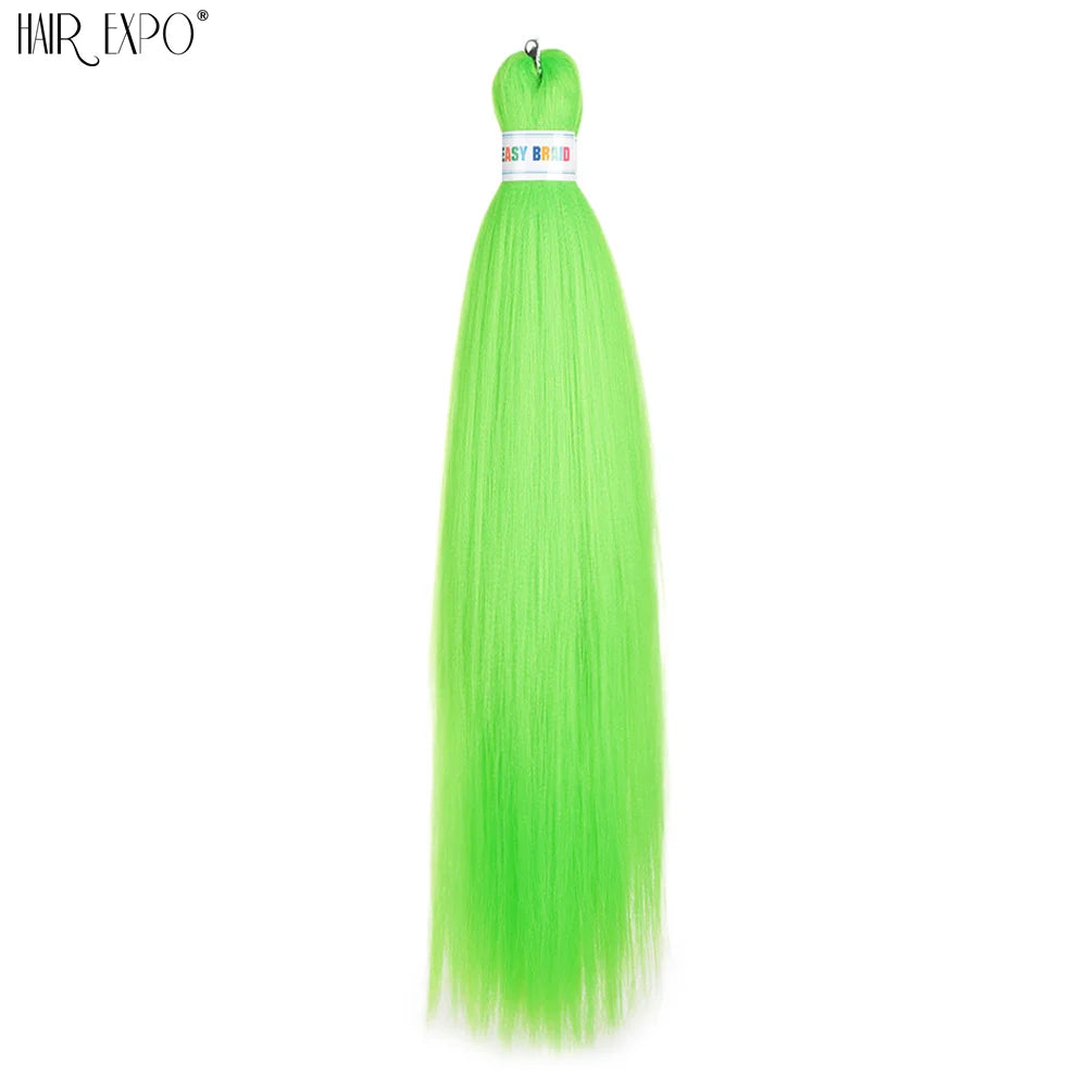 Synthetic braiding hair extension bundle, bright green to light tips, looped top.