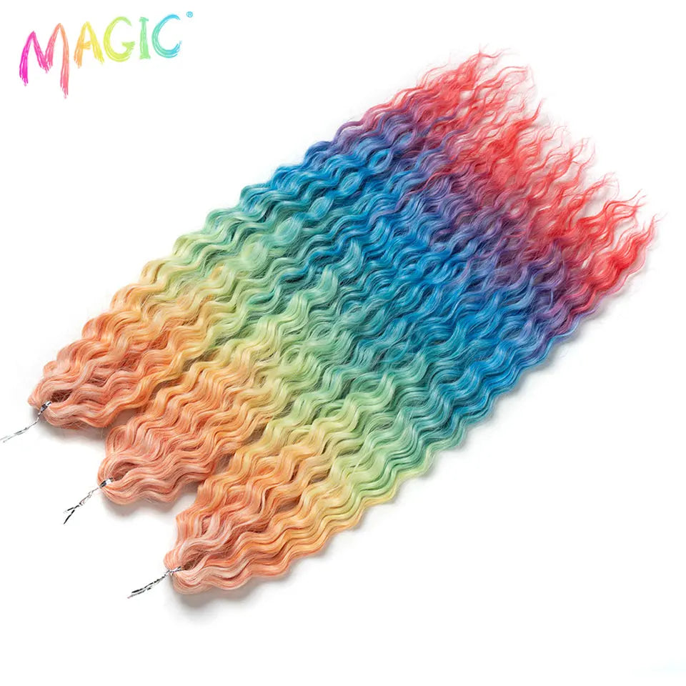 Water wave crochet braids, synthetic ombre rainbow curls in blue, green, orange, red