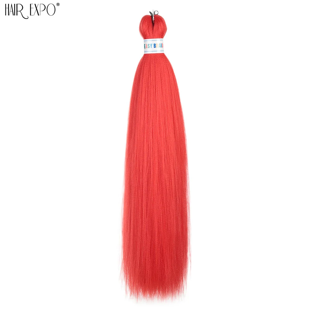Pre-stretched braiding hair extension, bright red synthetic hair bundle with looped top