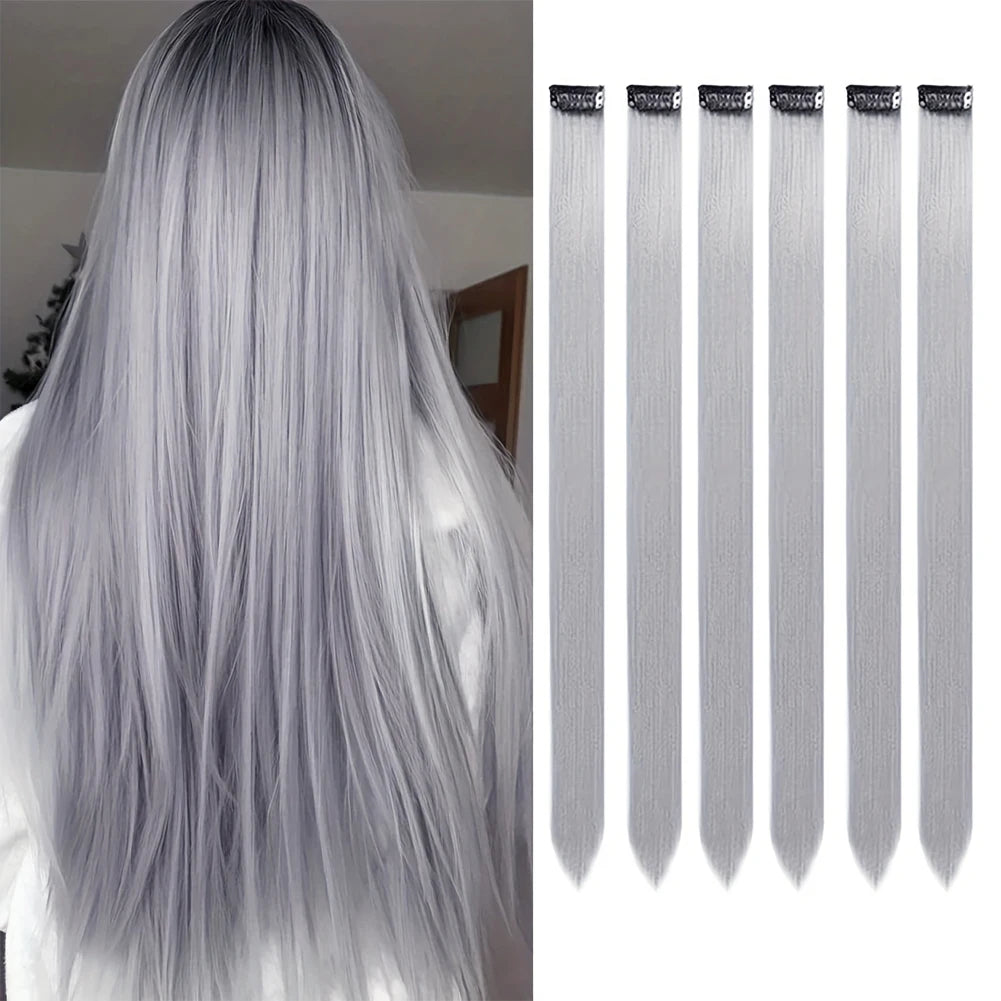Silver-gray clip-in hair highlight set with six long straight strands