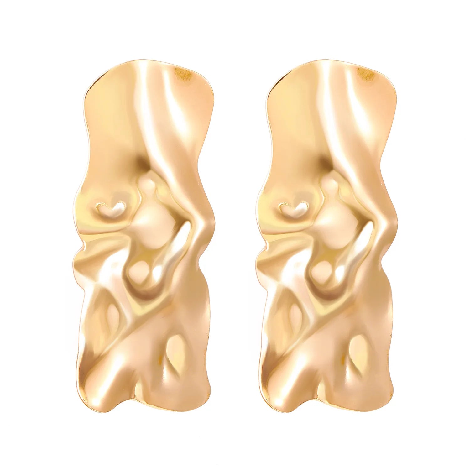 Textured gold irregular stud earrings with raised glossy hammered pattern