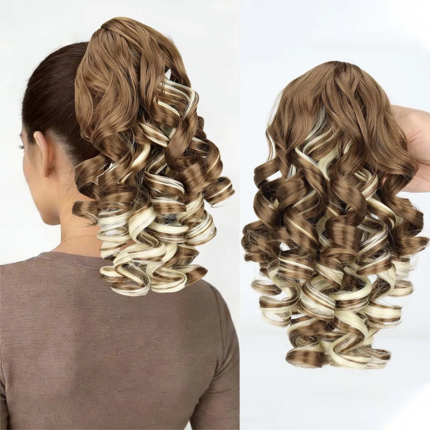 Claw clip ponytail extension with wavy synthetic hair, light brown highlights