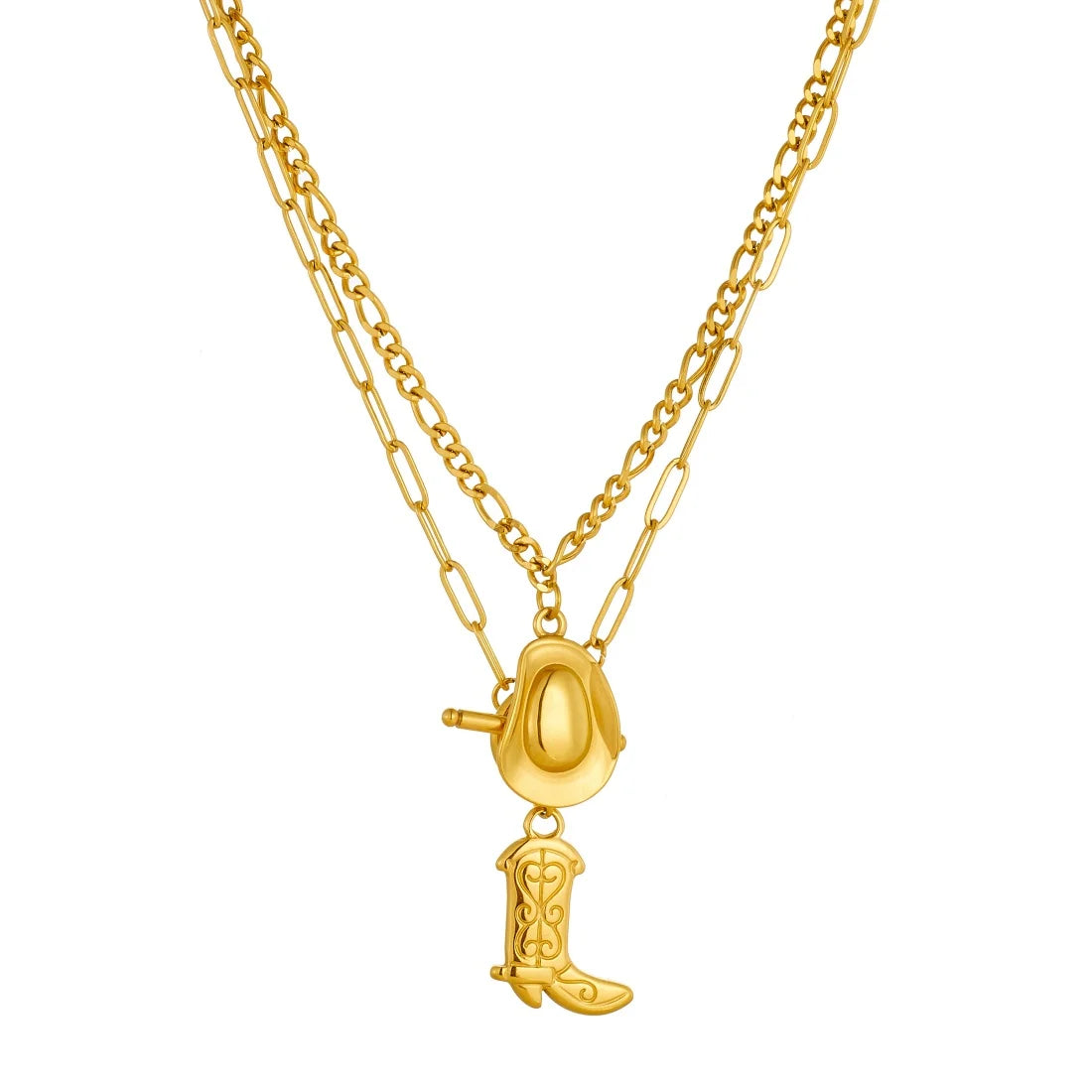 Gold-tone oval cowboy hat pendant with boot charm on layered chains