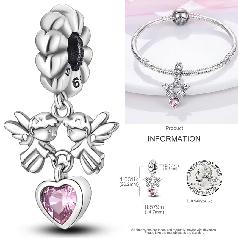 Sterling silver angel charm bead with pink heart gemstone and crystal details