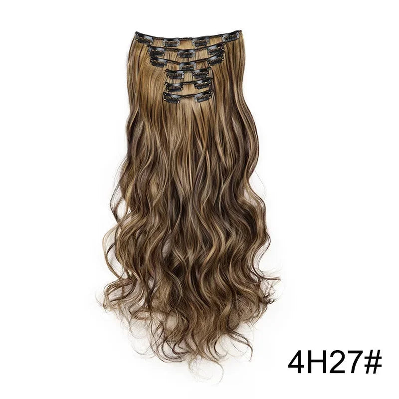 Wavy synthetic hair extension, golden brown with black clip-in combs