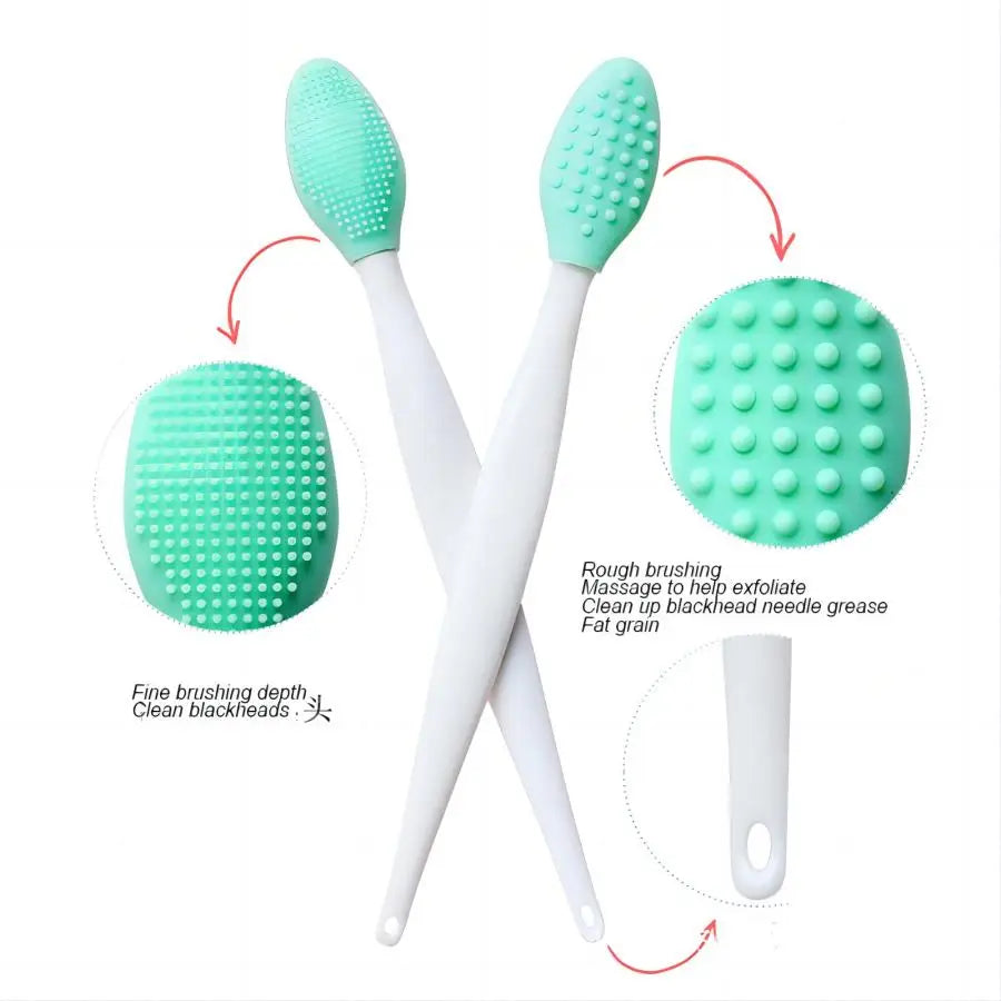 Green silicone facial cleansing brush with white handle and dot bristle head