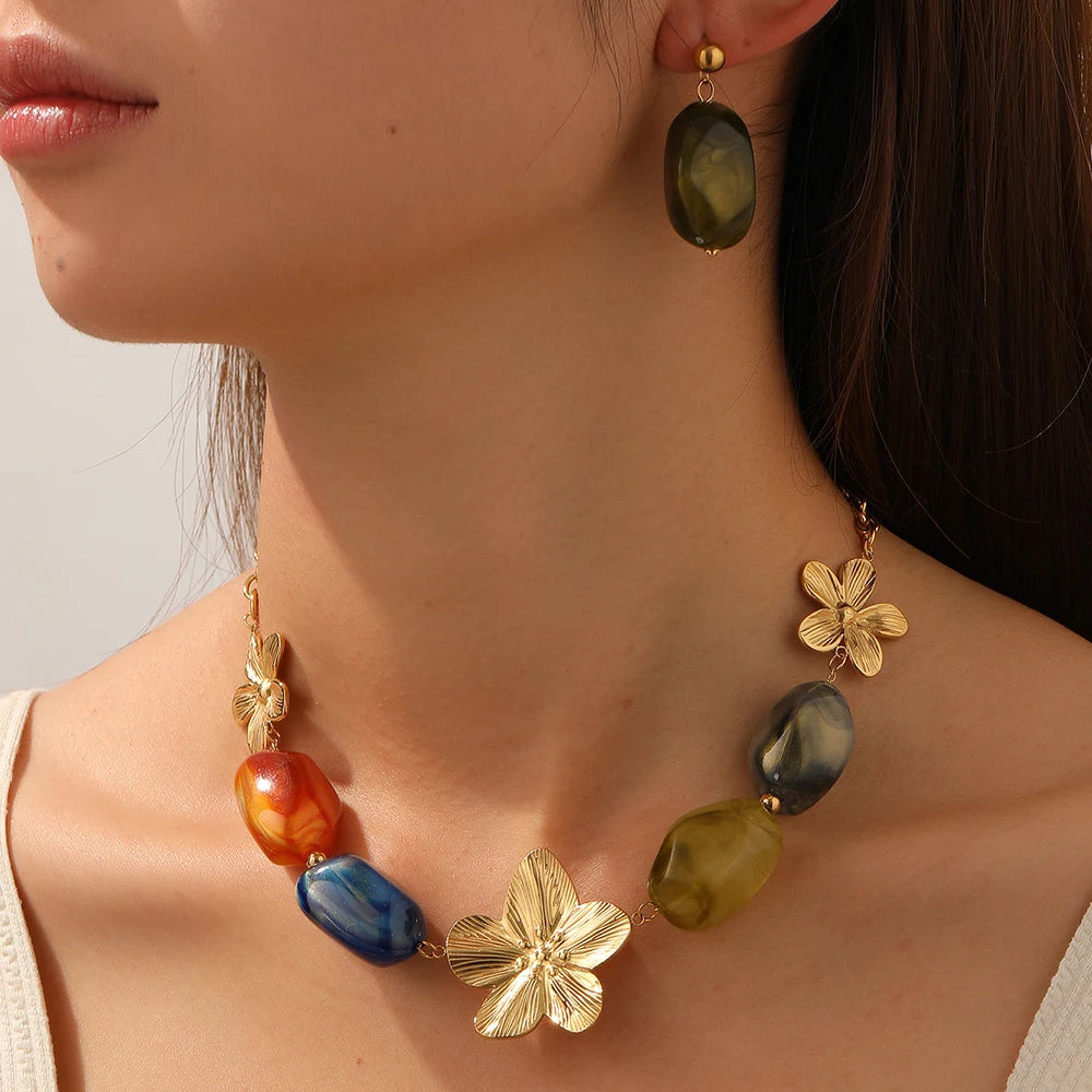 Flower pendant necklace with multicolor resin beads and gold-tone chain