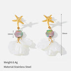 Starfish and rainbow bead drop earrings with white petal charms, shown with size guide