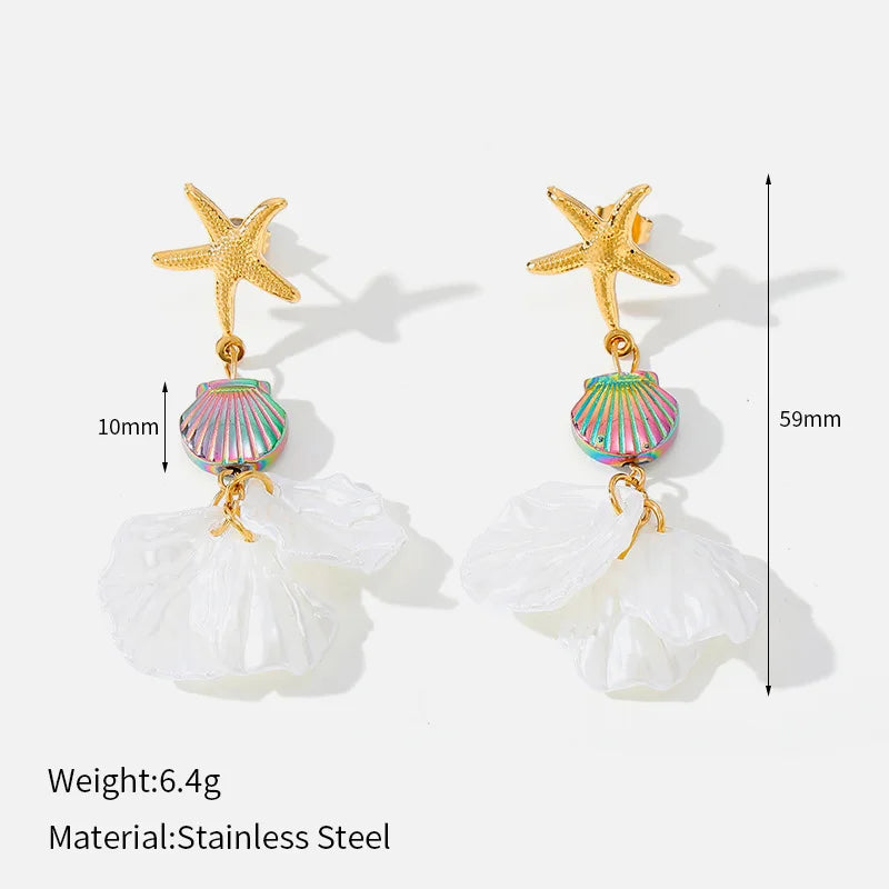 Starfish and rainbow bead drop earrings with white petal charms, shown with size guide