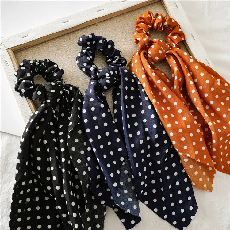 Polka-dot chiffon scrunchie scarf in black, navy, and orange