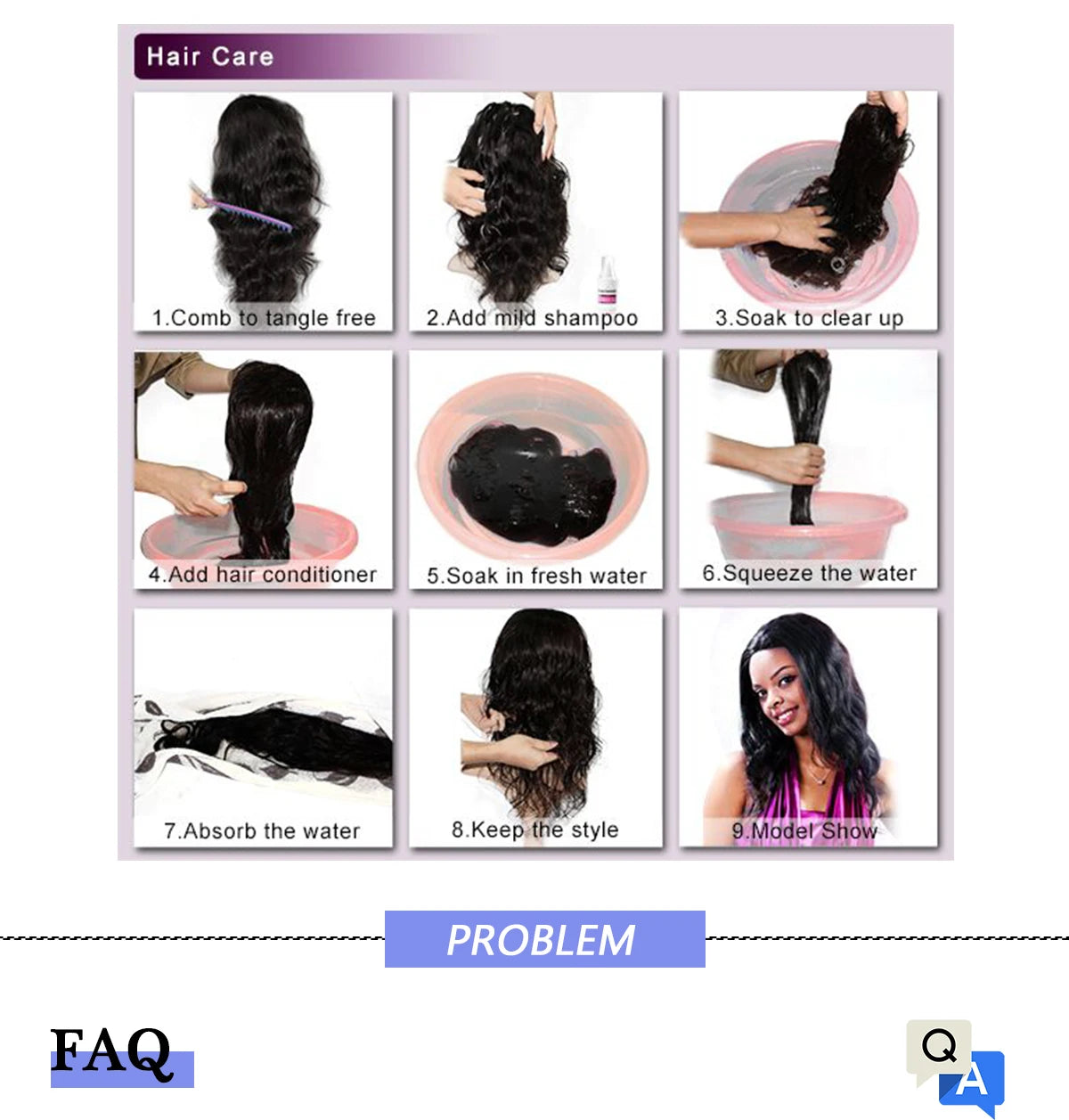 Black braided ponytail extension with elastic tie shown with hair-care step images