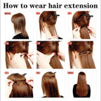 Clip-in hair extension how-to graphic with weft and clips placement steps