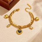 Gold double-layer chain bracelet with heart charm and square zircon dangles