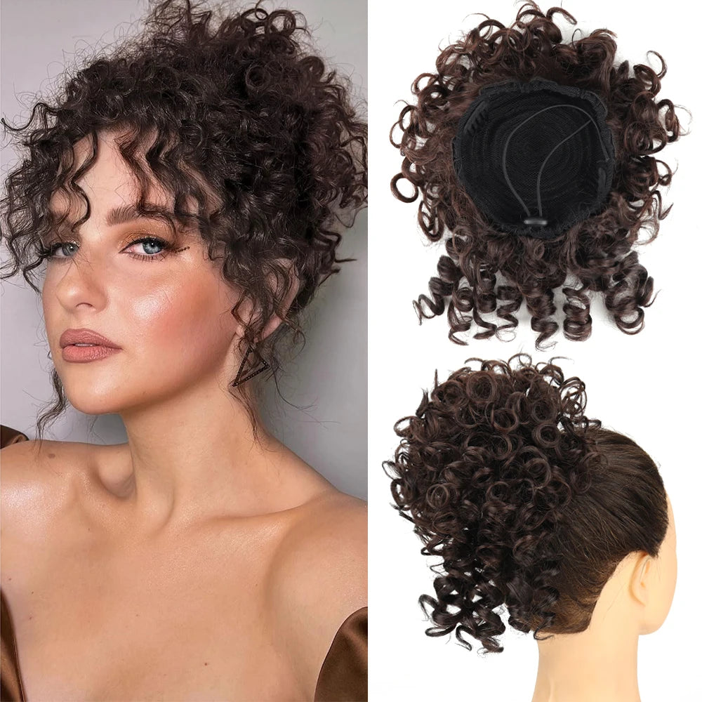 Drawstring messy bun hair piece, synthetic curly in dark espresso brown