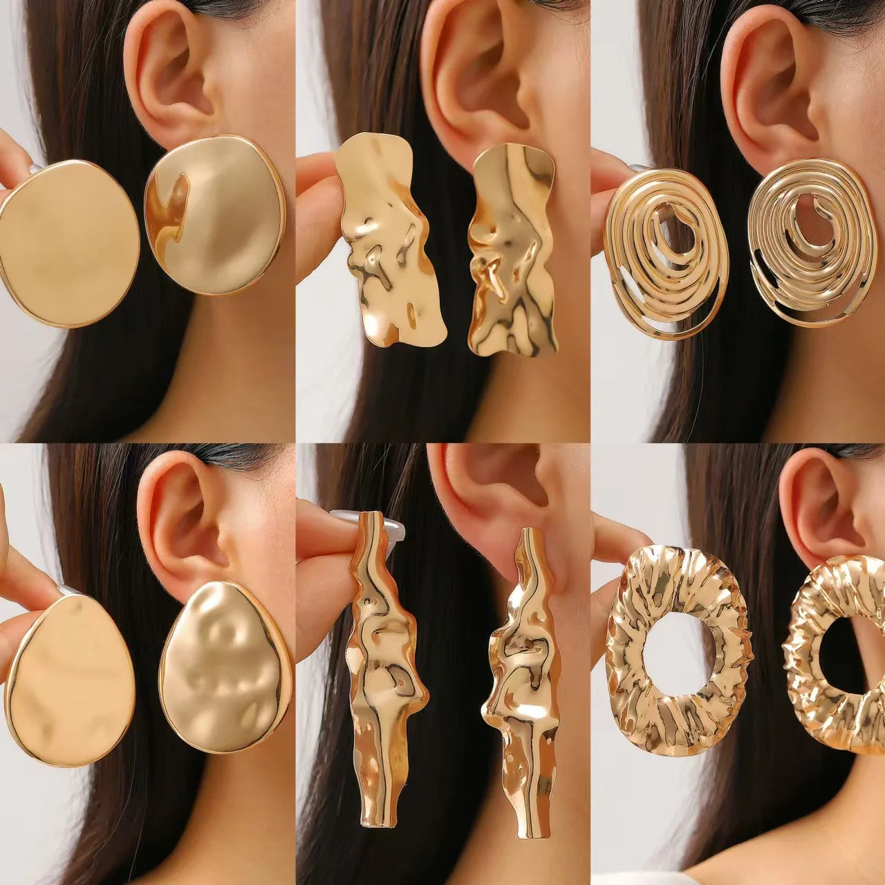 Gold wrinkled oval drop earrings, layered discs and looping details at the ear