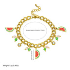 Watermelon enamel charm necklace, gold-tone curb links with watermelon pendants and dangling crystals