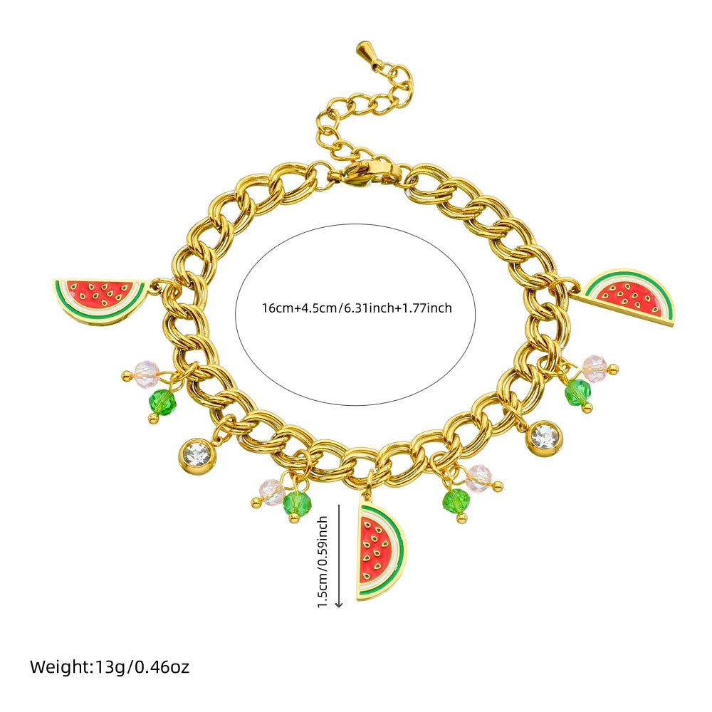 Watermelon enamel charm necklace, gold-tone curb links with watermelon pendants and dangling crystals