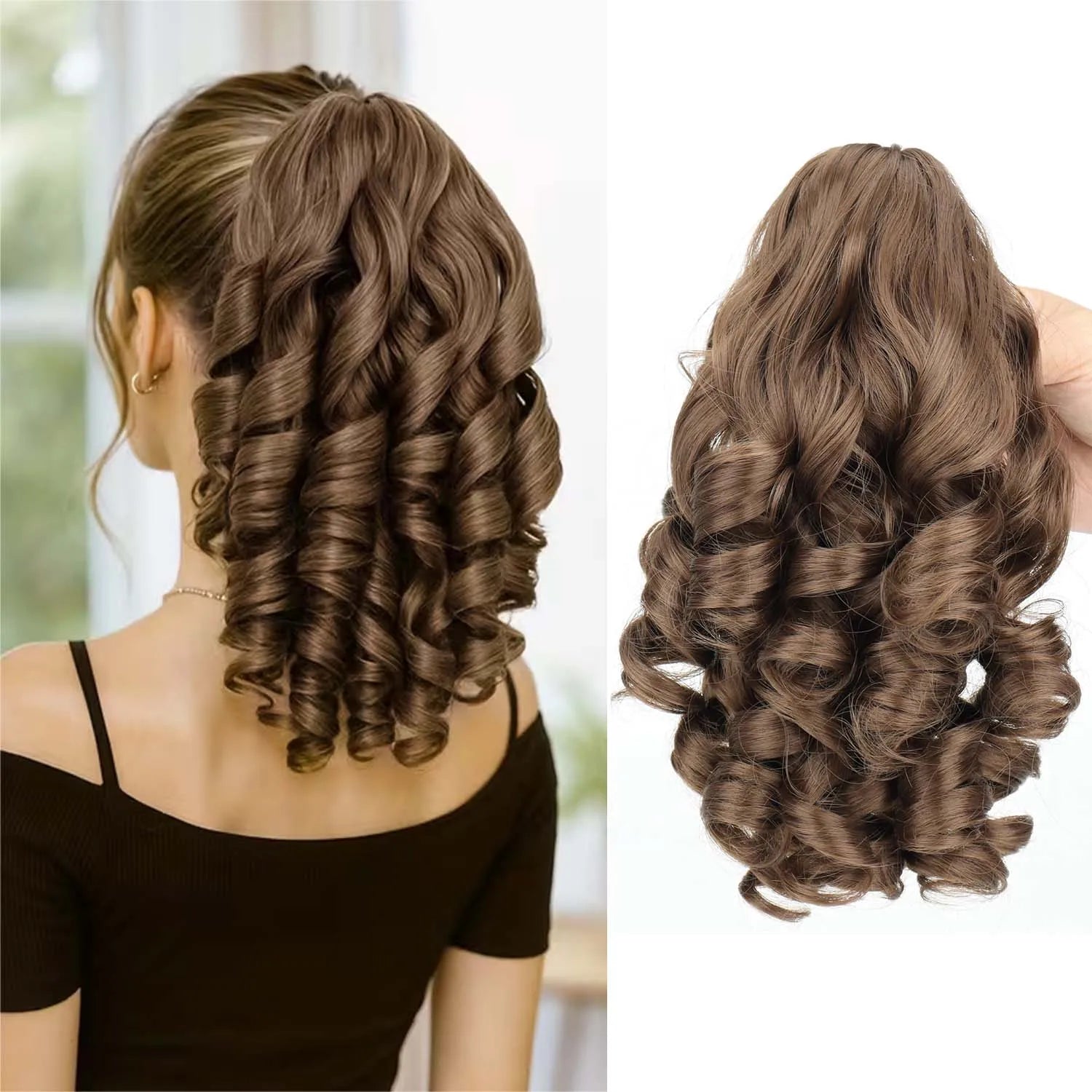 Claw clip ponytail extension with wavy synthetic hair, medium brown